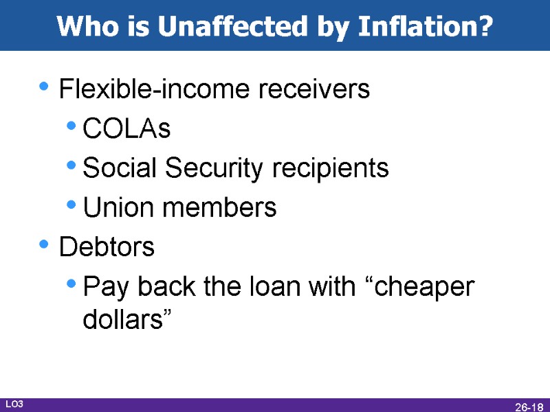 Who is Unaffected by Inflation? Flexible-income receivers COLAs Social Security recipients Union members Debtors